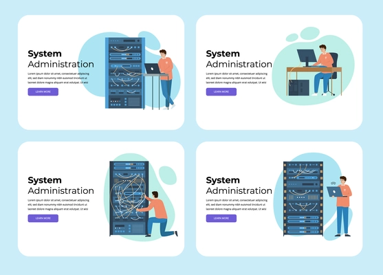 System administrator flat cards with horizontal web pages with editable text clickable links and doodle images vector illustration