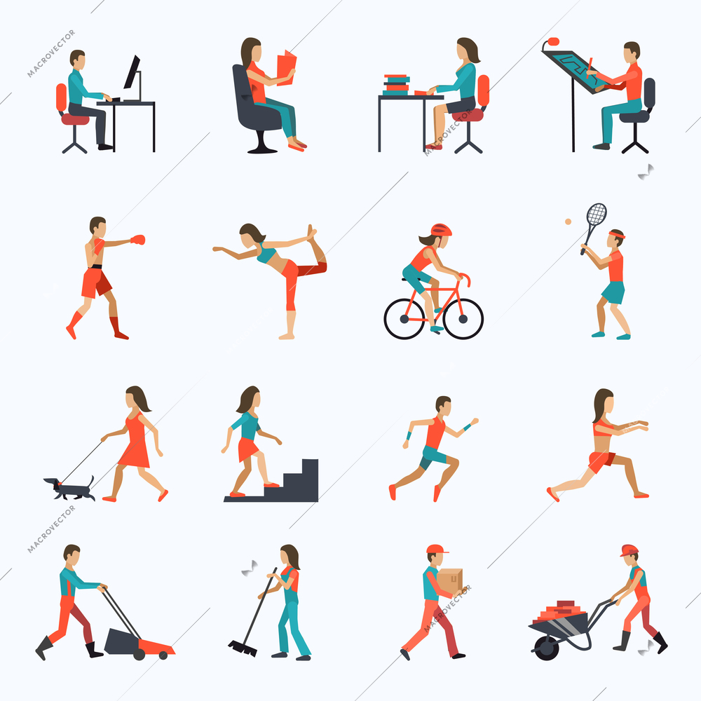 Physical activity icons set with people working cycling training isolated vector illustration