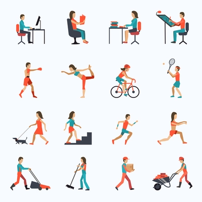 Physical activity icons set with people working cycling training isolated vector illustration