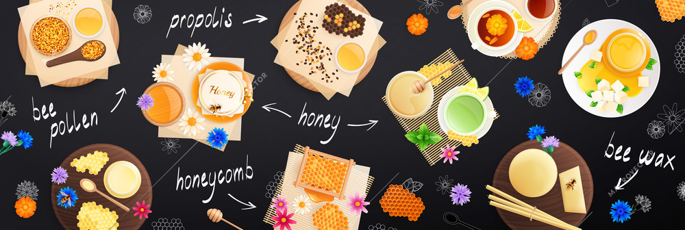 Beekeeping products flat composition with top view of honey sweets on plates trays with chalkboard text vector illustration