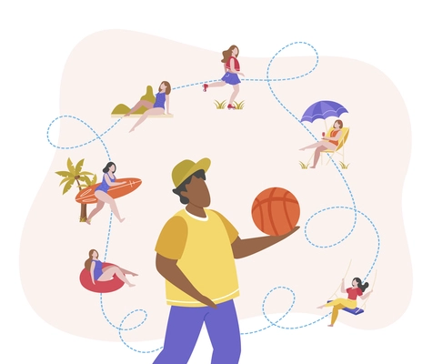 Summer activities flat background with composition of basketball player surrounded by icons of various leisure activities vector illustration