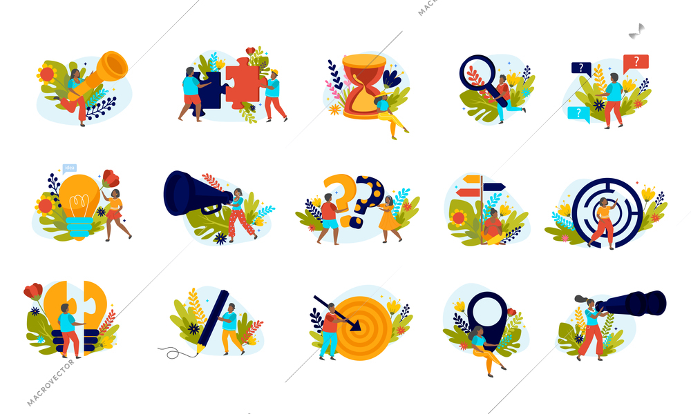 Searching decisions concept doodle shopping girls set of flat icons with human characters pictograms and objects vector illustration