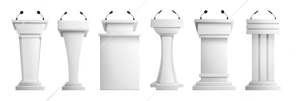 White tribunes of different shape with microphones for politic debate conference or lecture realistic set isolated vector illustration