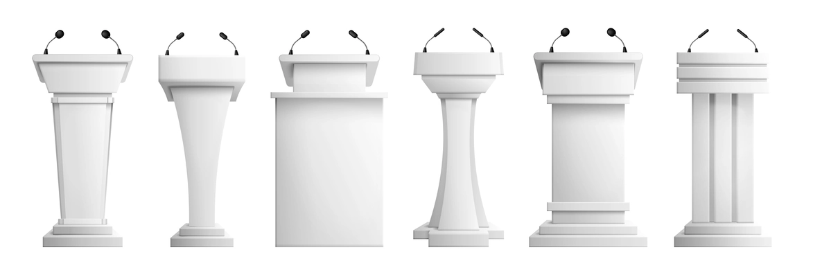 White tribunes of different shape with microphones for politic debate conference or lecture realistic set isolated vector illustration