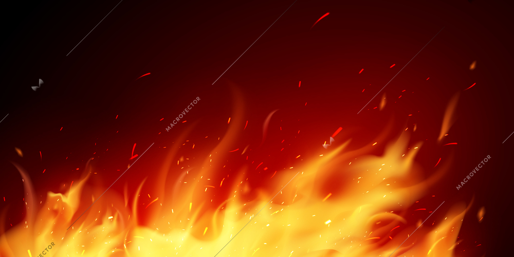 Realistic hot burning fire flame with sparkles on dark background vector illustration