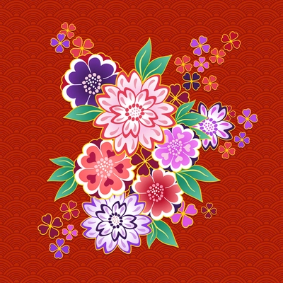 Decorative kimono floral motif on red background vector illustration