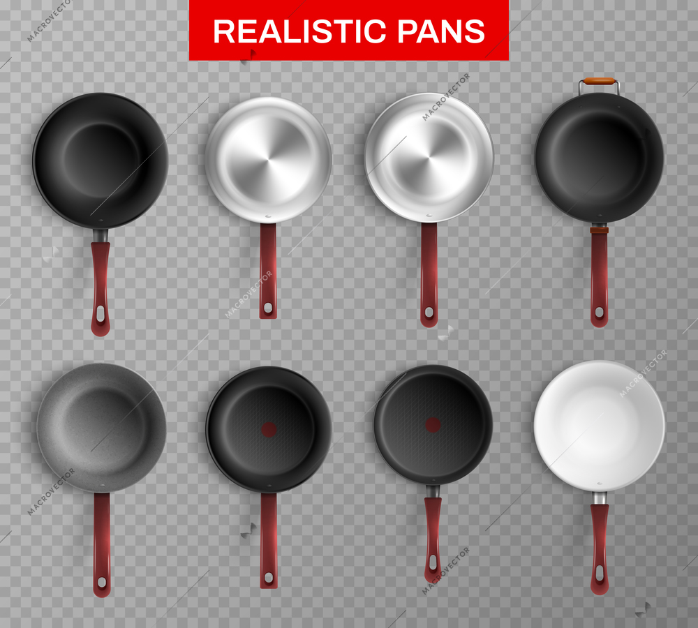 Realistic set with aluminium stainless steel ceramic coating non stick frying pans isolated on transparent background vector illustration