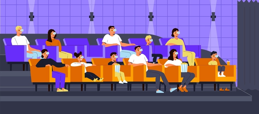 Movie composition with indoor cinema scenery with audience sitting on armchairs with popcorn and 3d glasses vector illustration