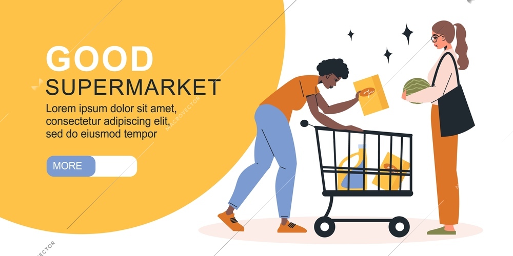 Supermarket horizontal banner with characters of two women with cart and editable text with more button vector illustration