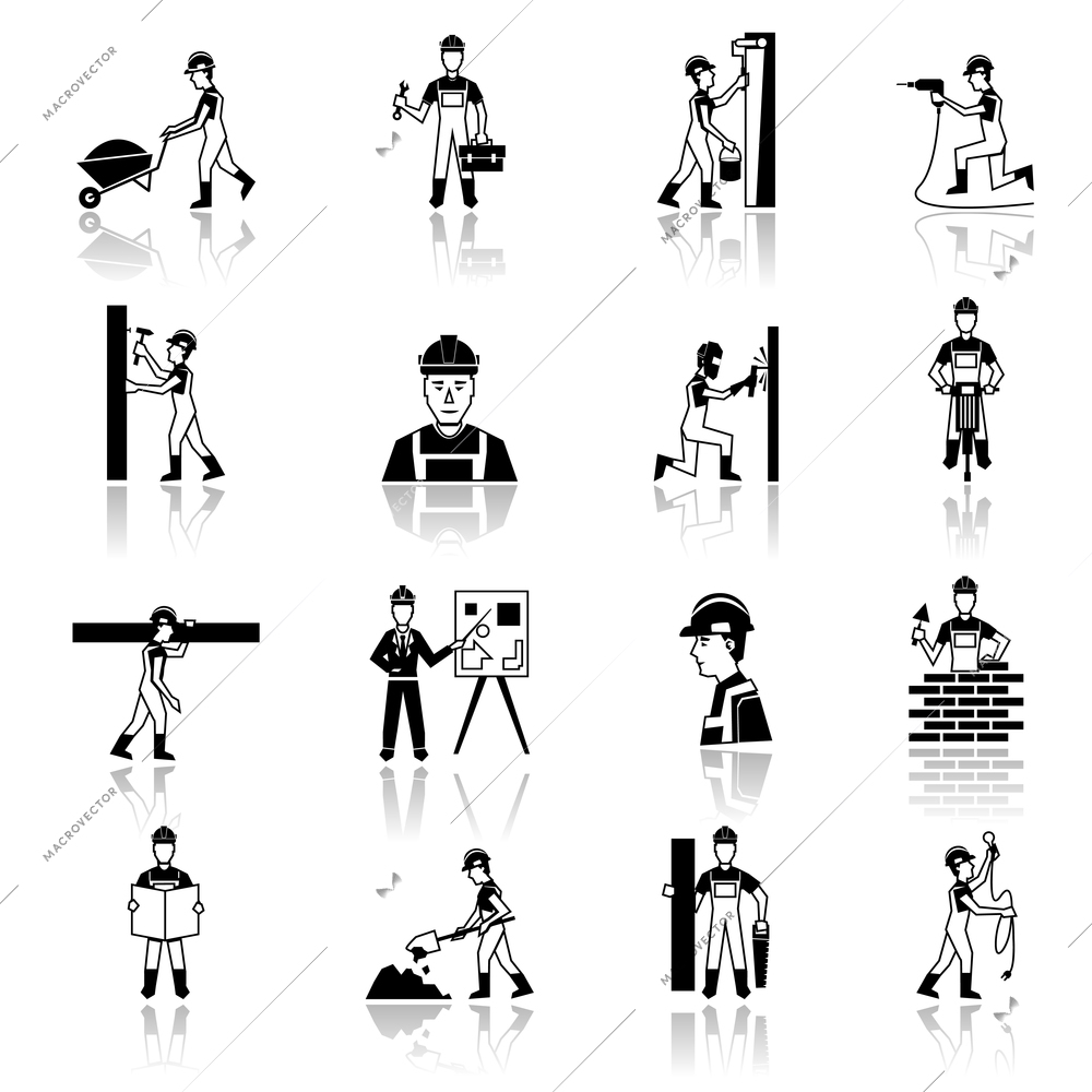 Construction worker cartoon character building brick wall with trowel black silhouette icons set abstract isolated vector illustration