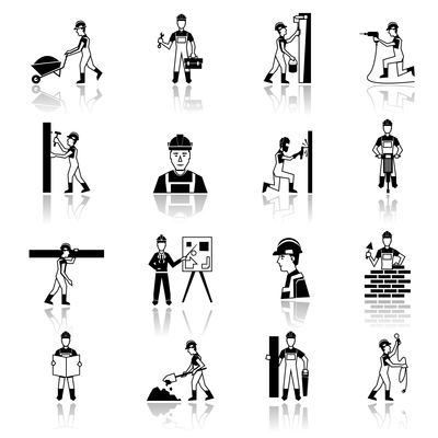 Construction worker cartoon character building brick wall with trowel black silhouette icons set abstract isolated vector illustration