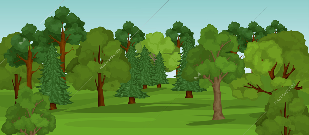 Tree composition with horizontal outdoor landscape with clear sky grass grounds and rich fresh tree leaves vector illustration