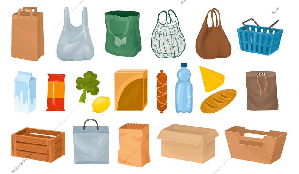 Foods basket bag box set of isolated icons packaging items and grocery products on blank background vector illustration