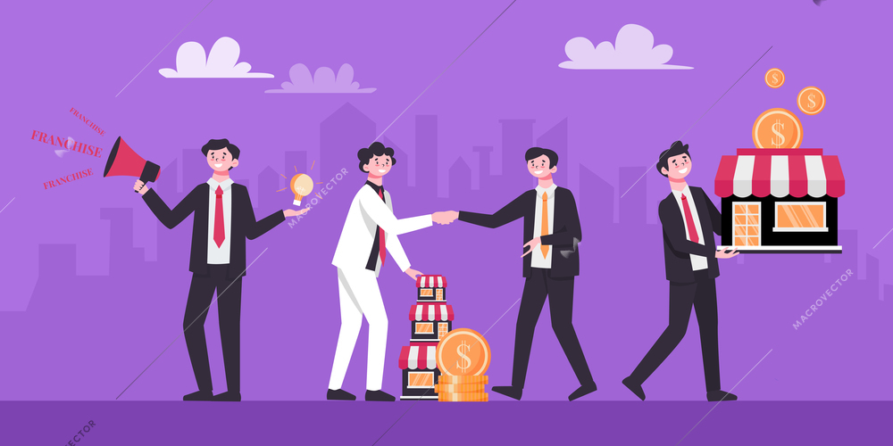 Franchise business composition with outdoor cityscape background with characters of businessmen holding coins storefronts shaking hands vector illustration