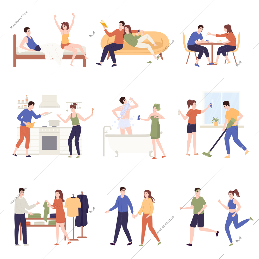 Couple daily life set with routine symbols flat isolated vector illustration