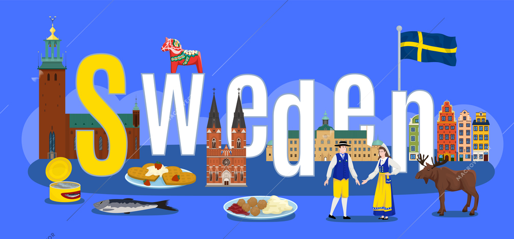 Sweden touristic concept with national culture symbols flat vector illustration