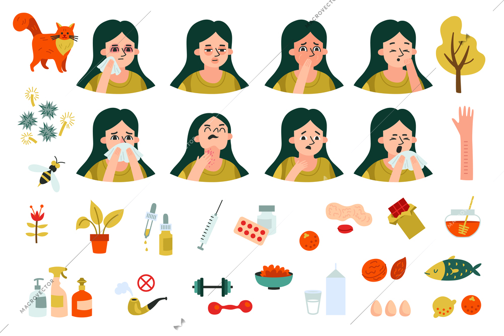 Allergy icon set types of different allergies things that provoke allergies and remedies for treating them vector illustration