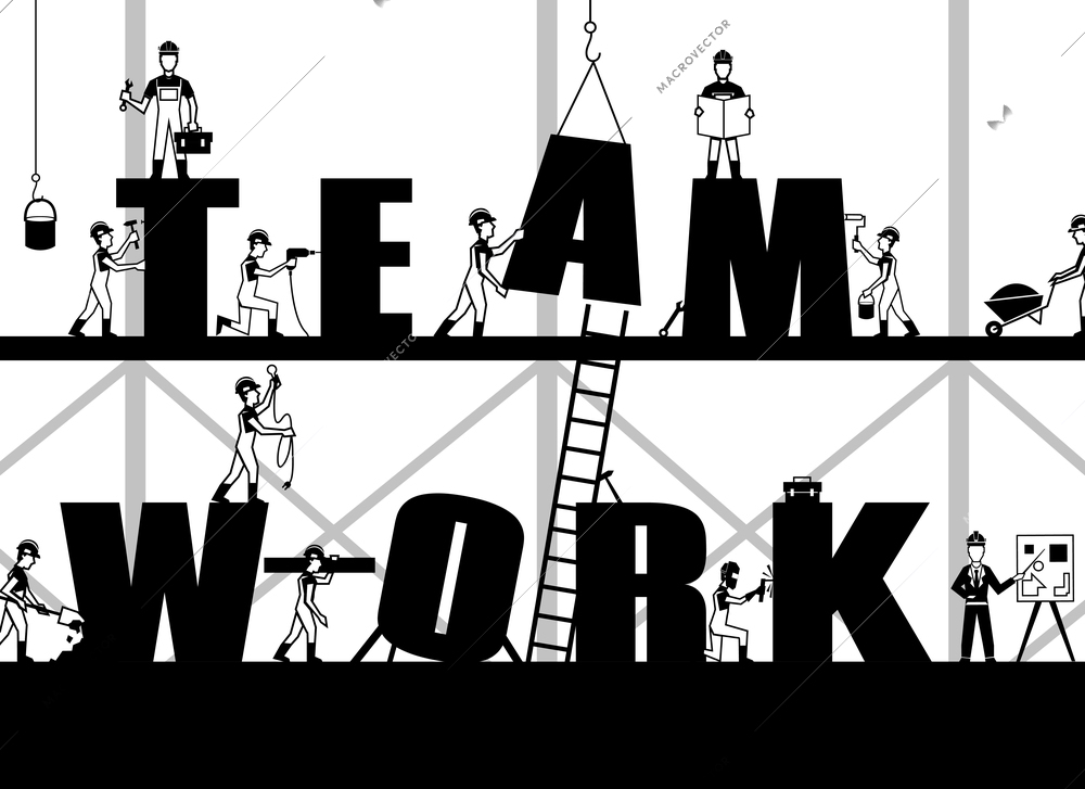 Teamwork poster with construction process and black builder people silhouettes vector illustration