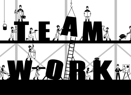 Teamwork poster with construction process and black builder people silhouettes vector illustration