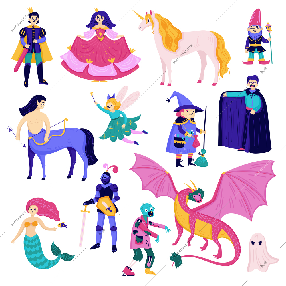 Fairy tale characters icon set with unicorn gnome wizard dragon zombie ghost and fairy vector illustration