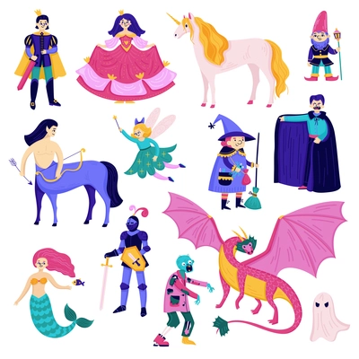 Fairy tale characters icon set with unicorn gnome wizard dragon zombie ghost and fairy vector illustration