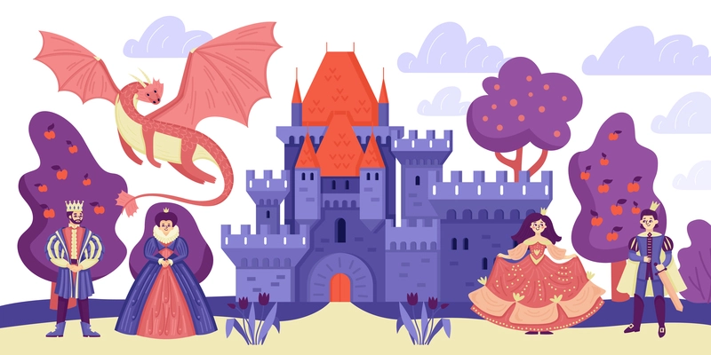 Kingdom composition with doodle style heroes and outdoor scenery with fruit trees flying dragon and castle vector illustration