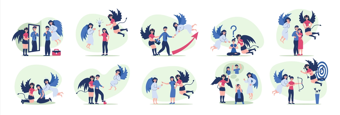 Angels devil set with flat isolated compositions of human characters with wings arrows and concerned people vector illustration