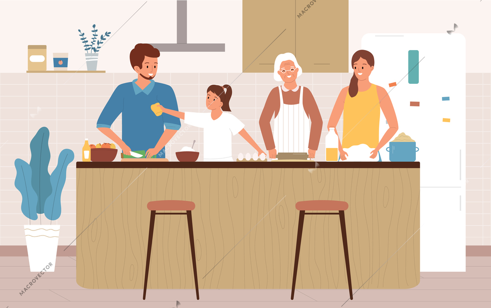 Friendly family consisting of three generations cooking together in home kitchen flat composition vector illustration