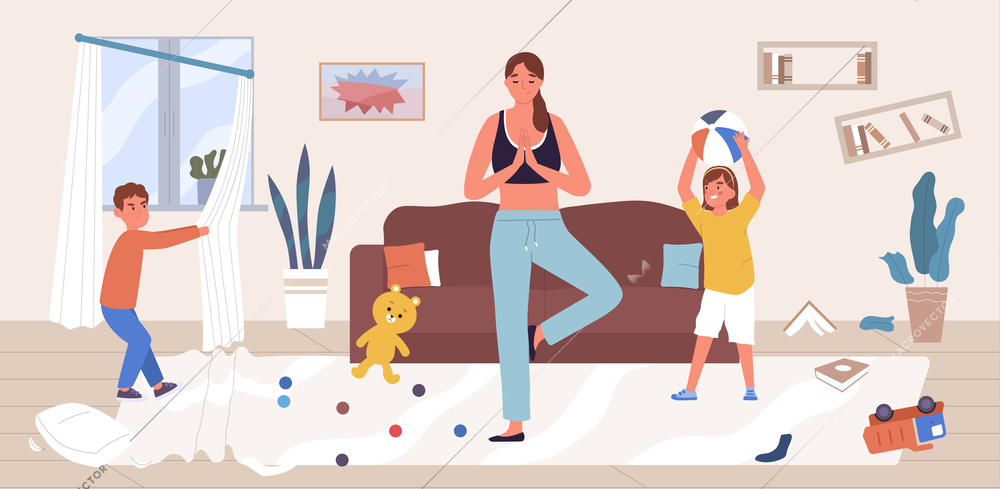 Children bad behavior flat composition with kids making mess in home interior and mother standing in meditation pose vector illustration