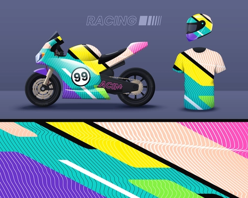 Bright color livery mockup for racing motorbike helmet and t shirt realistic isolated vector illustration