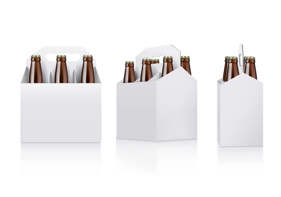 Realistic front and side view of white box package for six bottles with handle isolated vector illustration