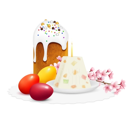 Eastern orthodox easter realistic composition with traditional sweet cake dyed eggs paskha and blooming branch vector illustration
