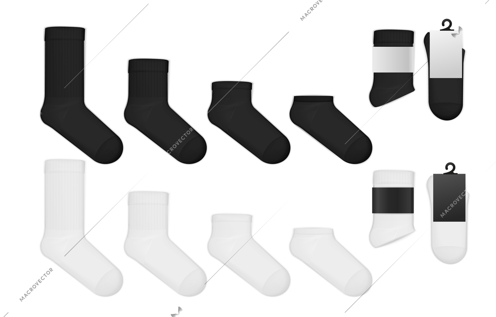 All types of black and white socks for sports and every day realistic set isolated vector illustration