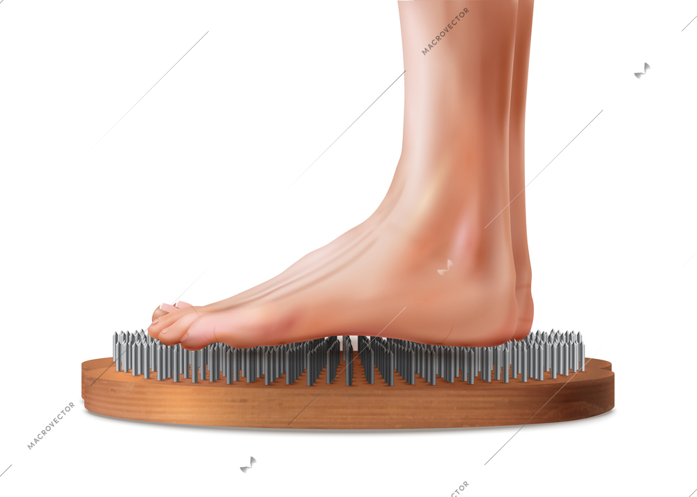 Realistic yoga sadhu feet profile composition two feet standing on a bed of nails vector illustration
