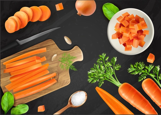 Realistic carrot chalkboard composition with different slices and types of vegetables and herbs around vector illustration