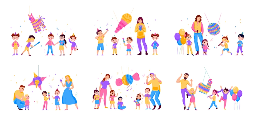 Mexican pinatas color icon set children and their parents beat a pinata for birthdays and other holidays vector illustration