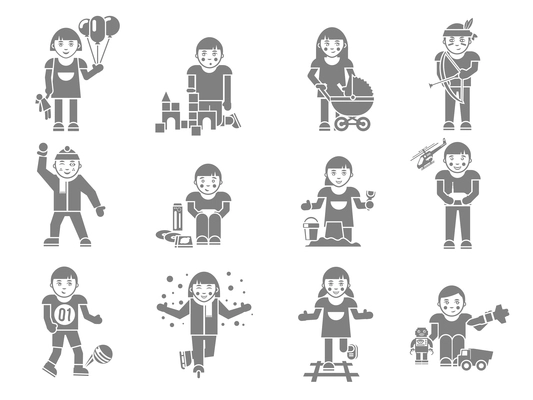 Kids playing on playground black avatar set isolated vector illustration