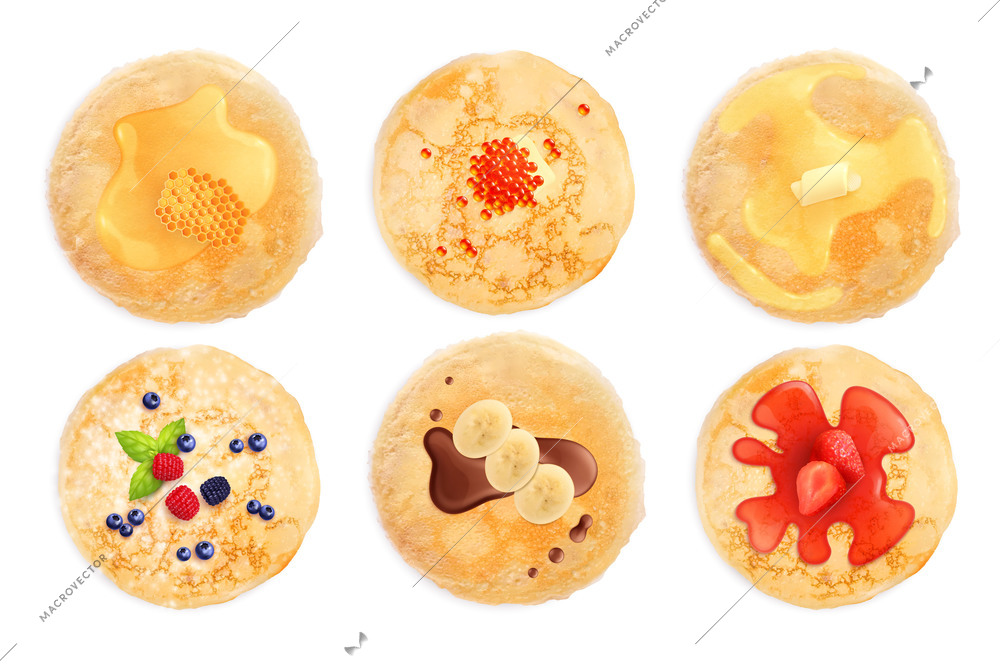 Six maslenitsa pancakes with different kind of toppings view from above realistic set isolated vector illustration
