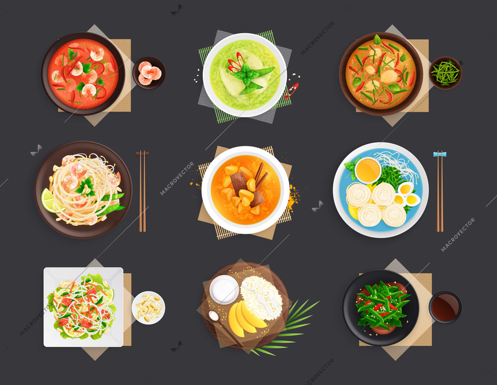 Thai cuisine top view of vegetable salad with shrimps rice with mango chicken with green curry on black background flat vector illustration