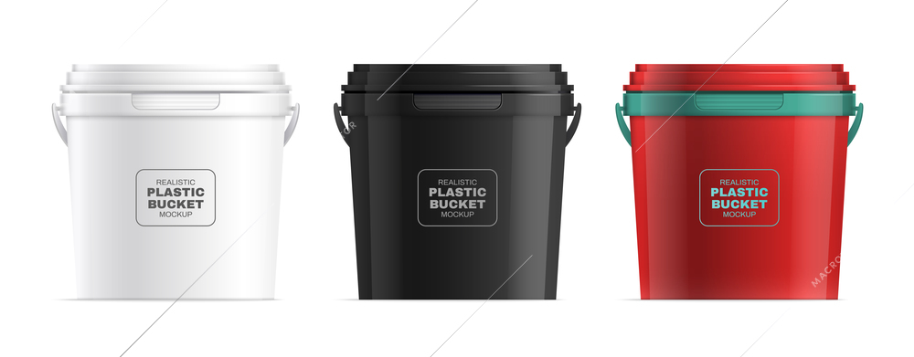 Realistic plastic buckets set in white black and red colors isolated vector illustration