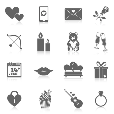 Romantic icon set black with rose love letter gift box isolated vector illustration