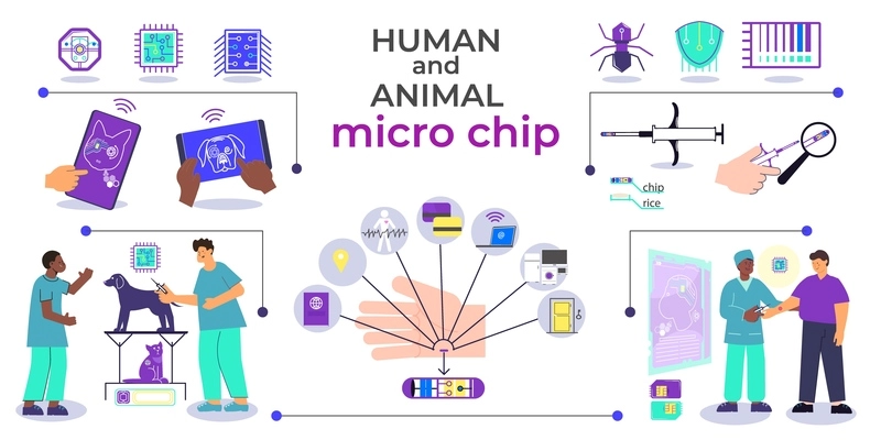 Micro chip animal scheme flat composition with editable text and flowchart of gadgets and human characters vector illustration