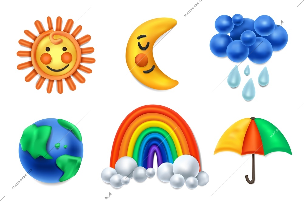 Realistic plasticine weather set with isolated icons of sun moon and rainbow with rain and umbrella vector illustration