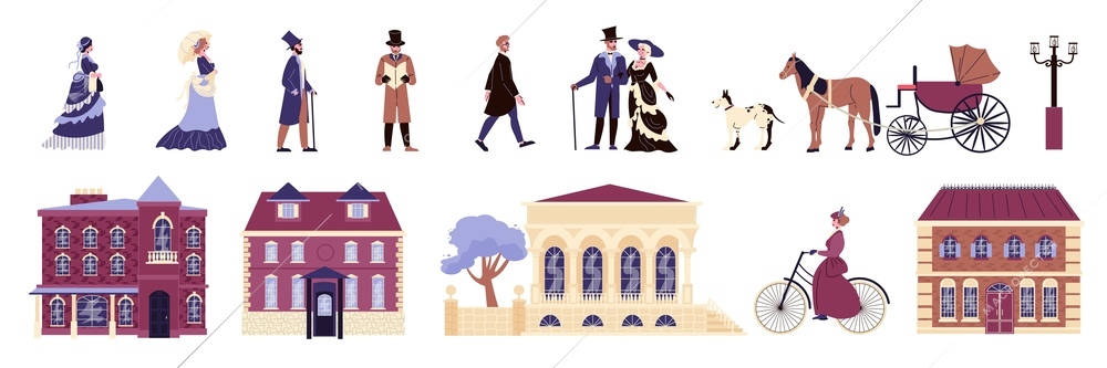 18th 19th century old town victorian set with isolated icons of classic european architecture and people vector illustration