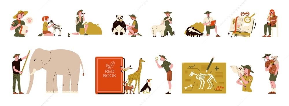 Zoologist set of isolated compositions with human characters of animal researchers with books and zoo animals vector illustration