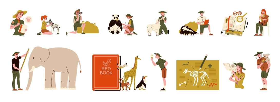 Zoologist set of isolated compositions with human characters of animal researchers with books and zoo animals vector illustration