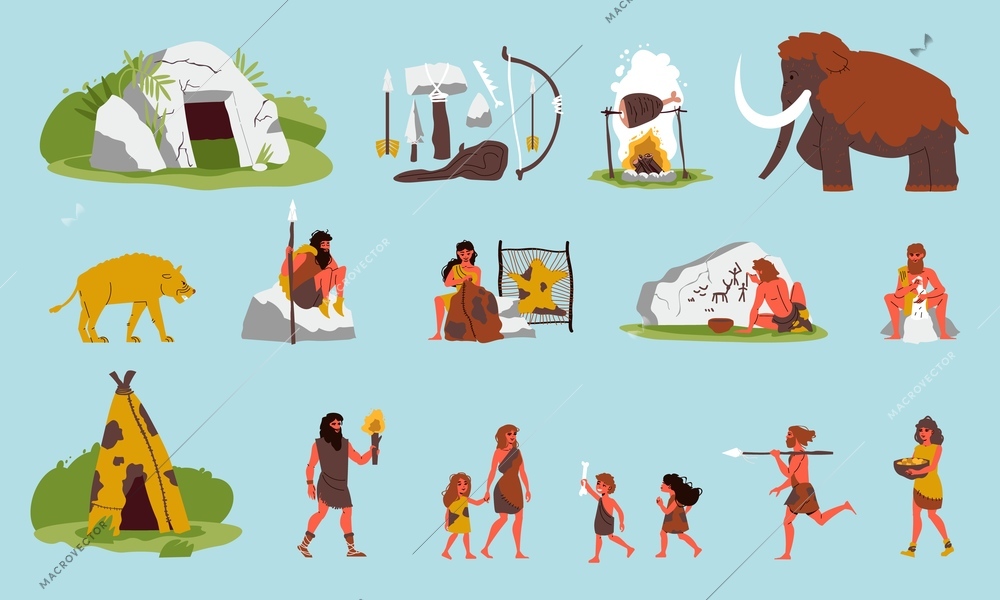 Primitive people color set with cavemen family  weapon and ancient animals isolated icons flat vector illustration