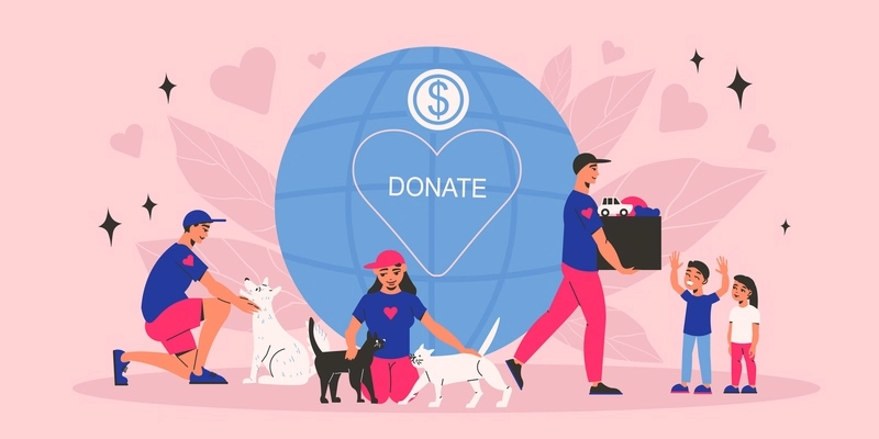 Donate flat color composition with volunteers conducting donation drive for children and pets vector illustration