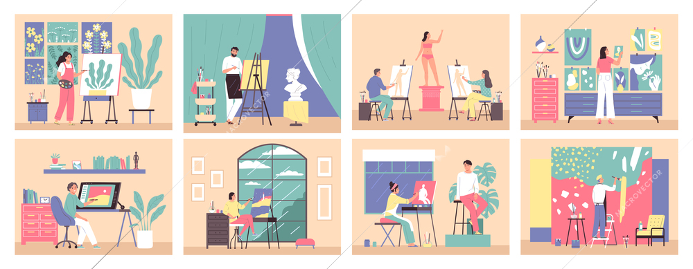 Artist painting studio color set with isolated indoor compositions views of art spaces with creative people vector illustration