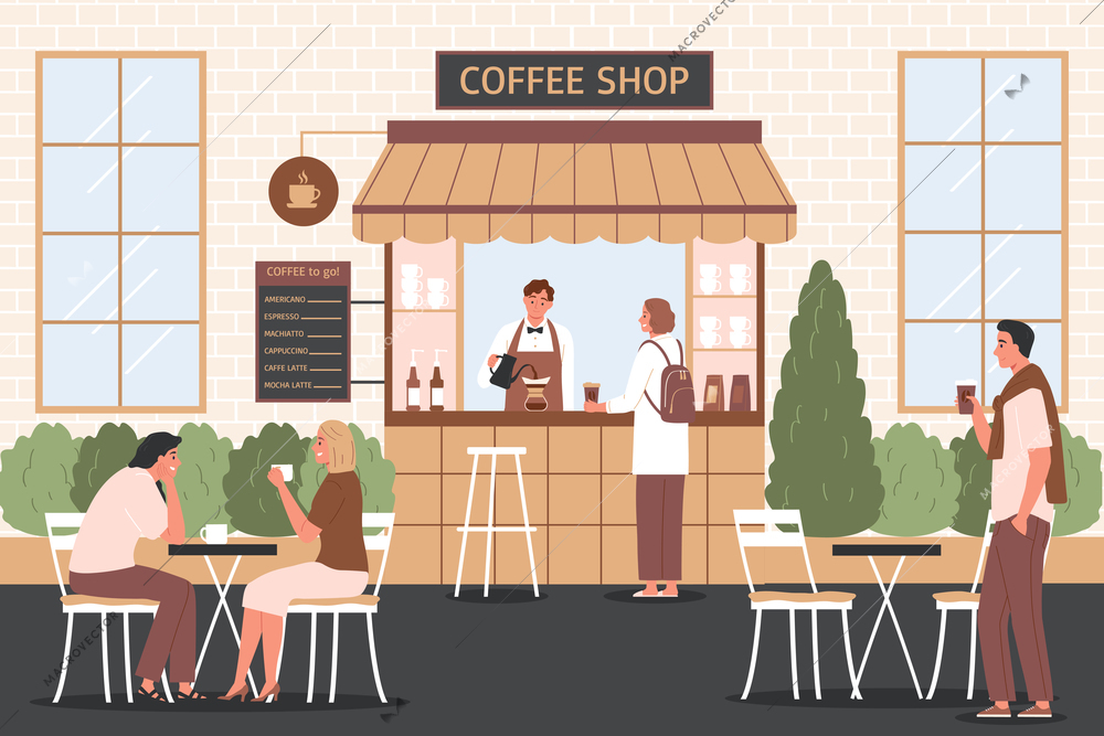 Coffee shop flat background with barista making drink and customers sitting at outdoor tables vector illustration